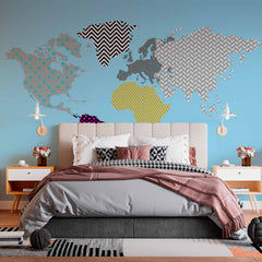 Custom Patterned World Map Art with Geometric Designs and Bold Colors on Blue Background