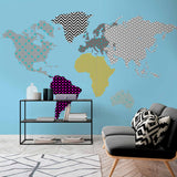 Patterned World Map Art with Geometric Designs and Bold Colors on Blue Background