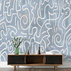 Custom Abstract White Line Art on Blue Textured Background - Modern Wall Mural Wallpaper