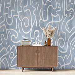 Custom Abstract White Line Art on Blue Textured Background - Modern Wall Mural Wallpaper