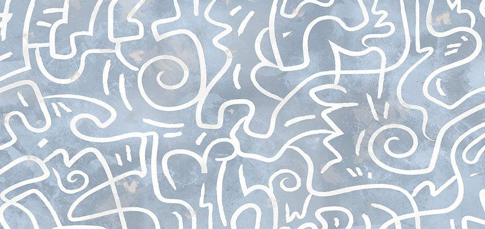 Abstract White Line Art Wallpaper – Squiggle Pattern on Blue Wall Mural