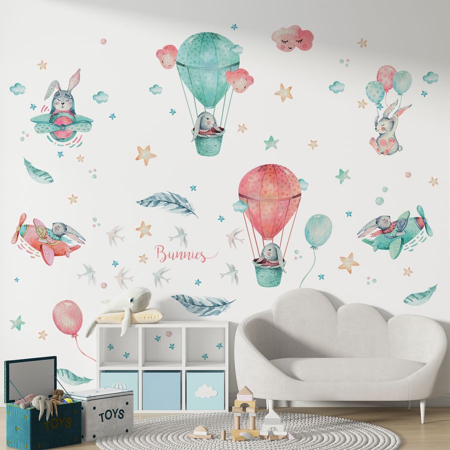 Bunny with Hot Air Balloon Wall Decals for Nursery Kids Room