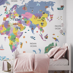 Custom World Map Wallpaper with Famous Places for Kids Room Wall Mural