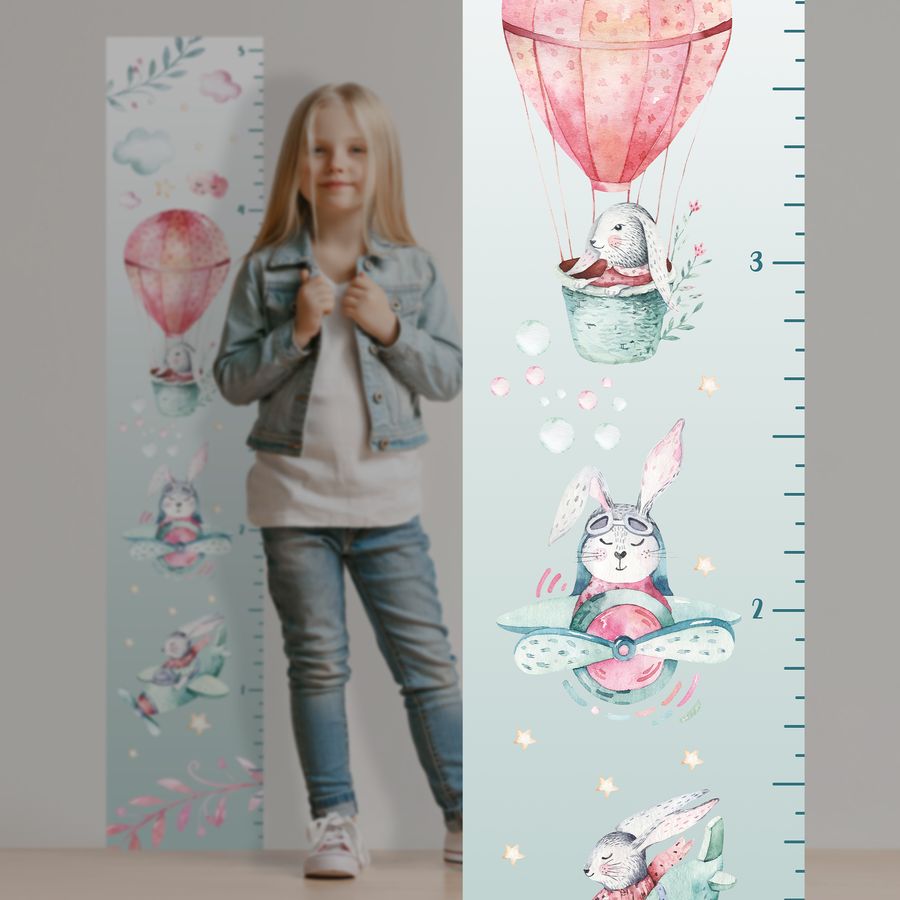 Kids' Growth Chart Peel and Stick Bunny Hot Air Balloon Wall Decals for Nursery