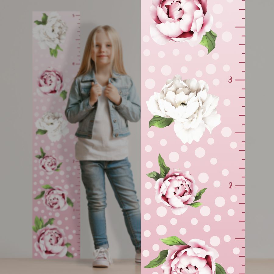 Kids' Growth Chart Peel and Stick Peony Flower Wall Decals For Girl Rooms