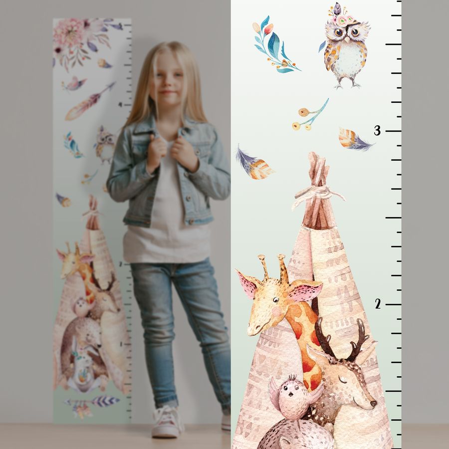 Kids' Growth Chart Peel and Stick Wood Animals Boho Design for Girls