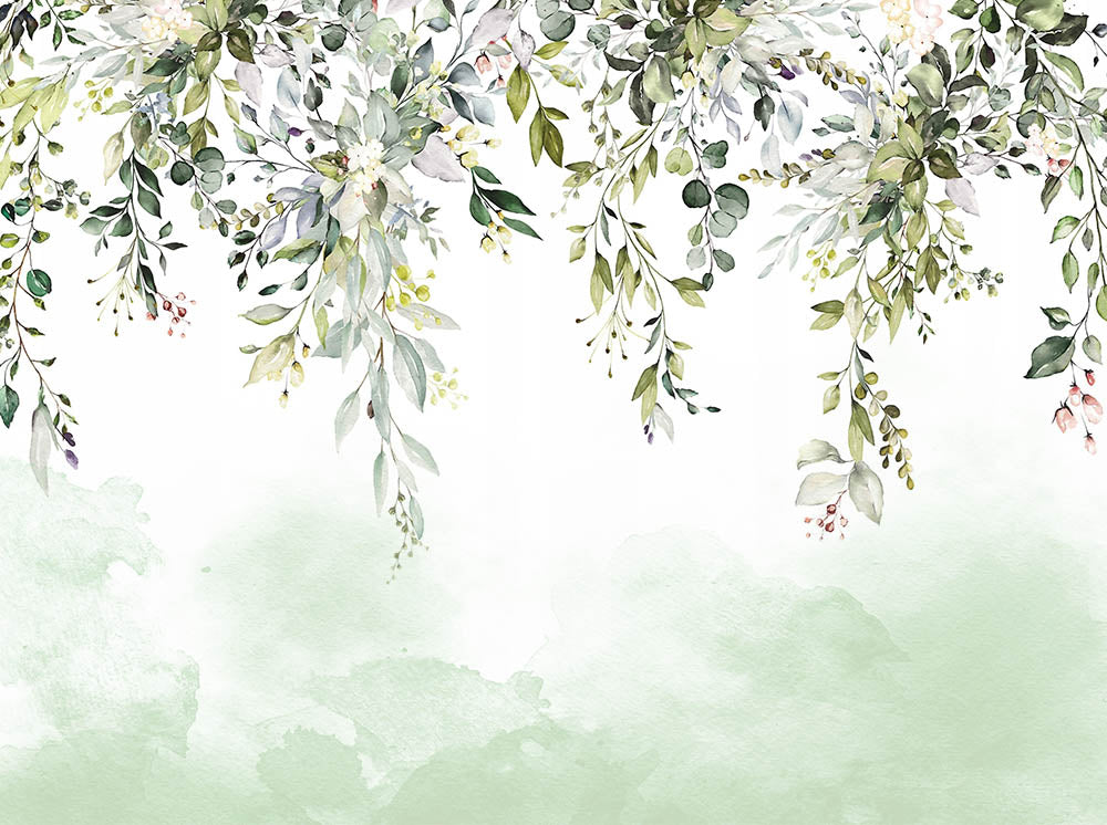 Folhagem em aquarela – papel de parede com folhas penduradas e degradê verde