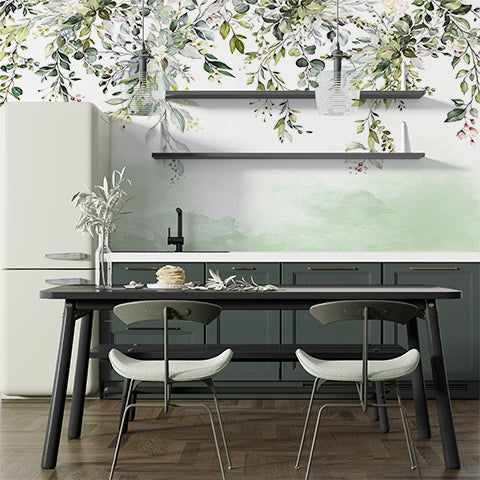 Elegant Greenery Wall Mural Wallpaper with Watercolor Leaves