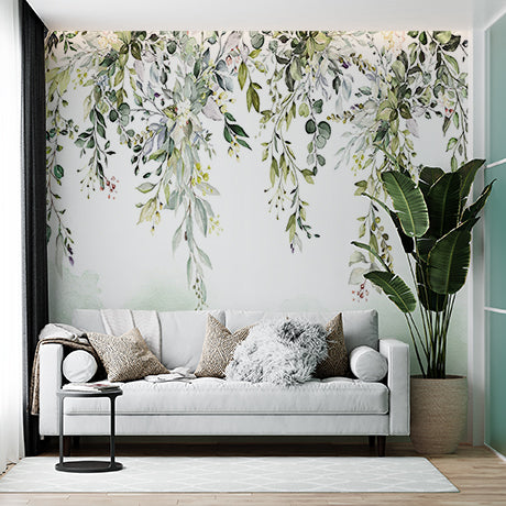 Elegant Greenery Wall Mural Wallpaper with Watercolor Leaves