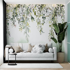 Custom Elegant Greenery Wall Mural Wallpaper with Watercolor Leaves