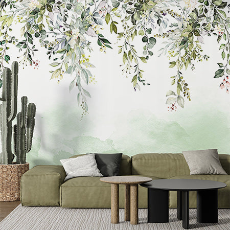 Elegant Greenery Wall Mural Wallpaper with Watercolor Leaves