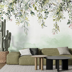 Custom Elegant Greenery Wall Mural Wallpaper with Watercolor Leaves