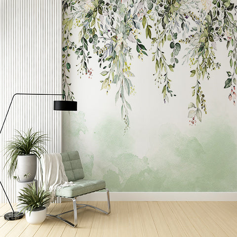 Elegant Greenery Wall Mural Wallpaper with Watercolor Leaves