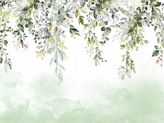 Custom Elegant Greenery Wall Mural Wallpaper with Watercolor Leaves