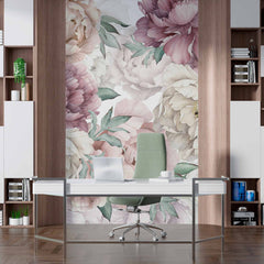 Custom Luxurious Vintage Peony Wall Mural Wallpaper in Soft Pastel Shades