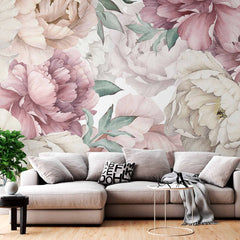 Custom Luxurious Vintage Peony Wall Mural Wallpaper in Soft Pastel Shades