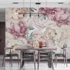 Custom Luxurious Vintage Peony Wall Mural Wallpaper in Soft Pastel Shades