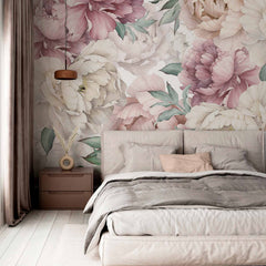 Custom Luxurious Vintage Peony Wall Mural Wallpaper in Soft Pastel Shades