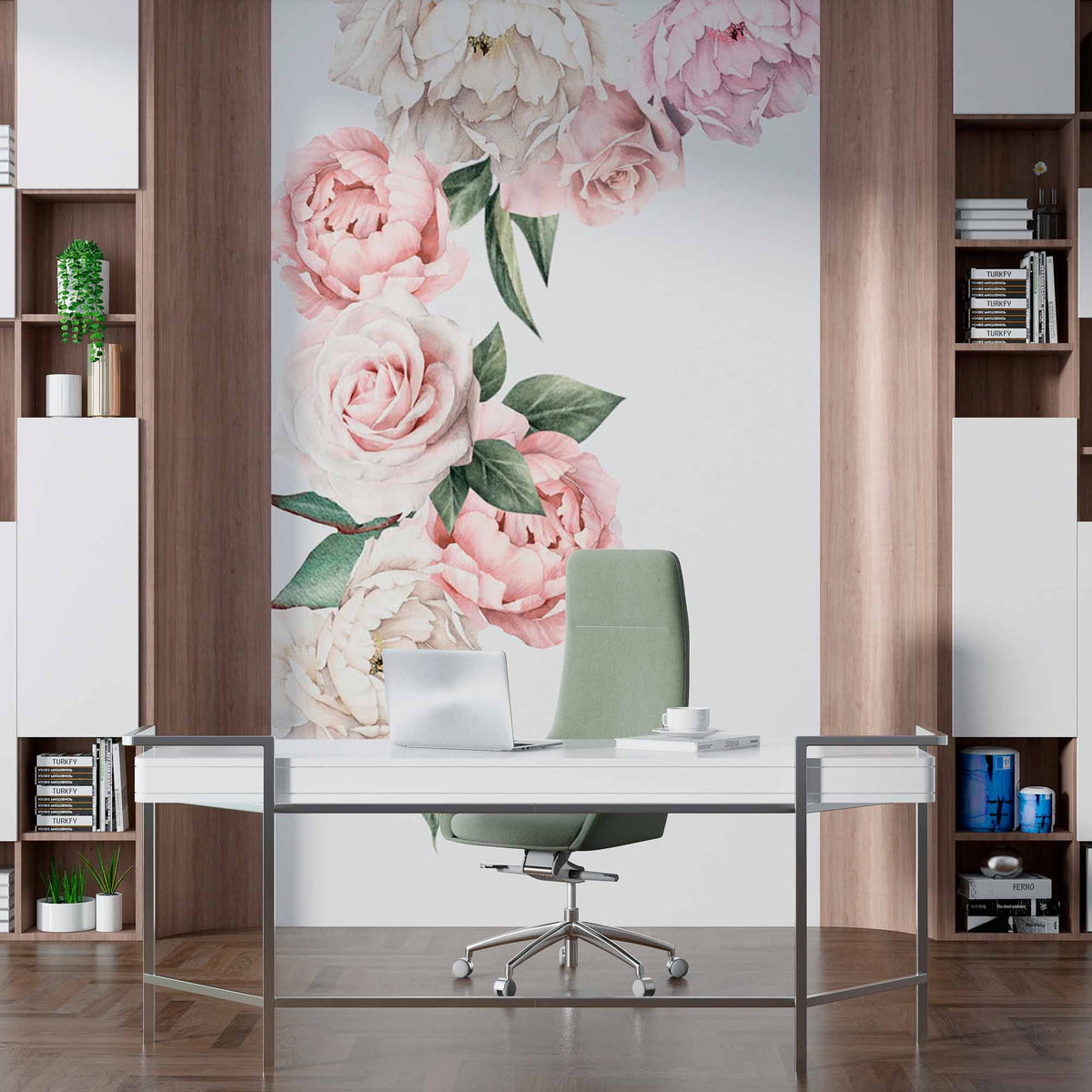 Delicate Pastel Peonies Wall Mural Wallpaper with Minimalist White Background