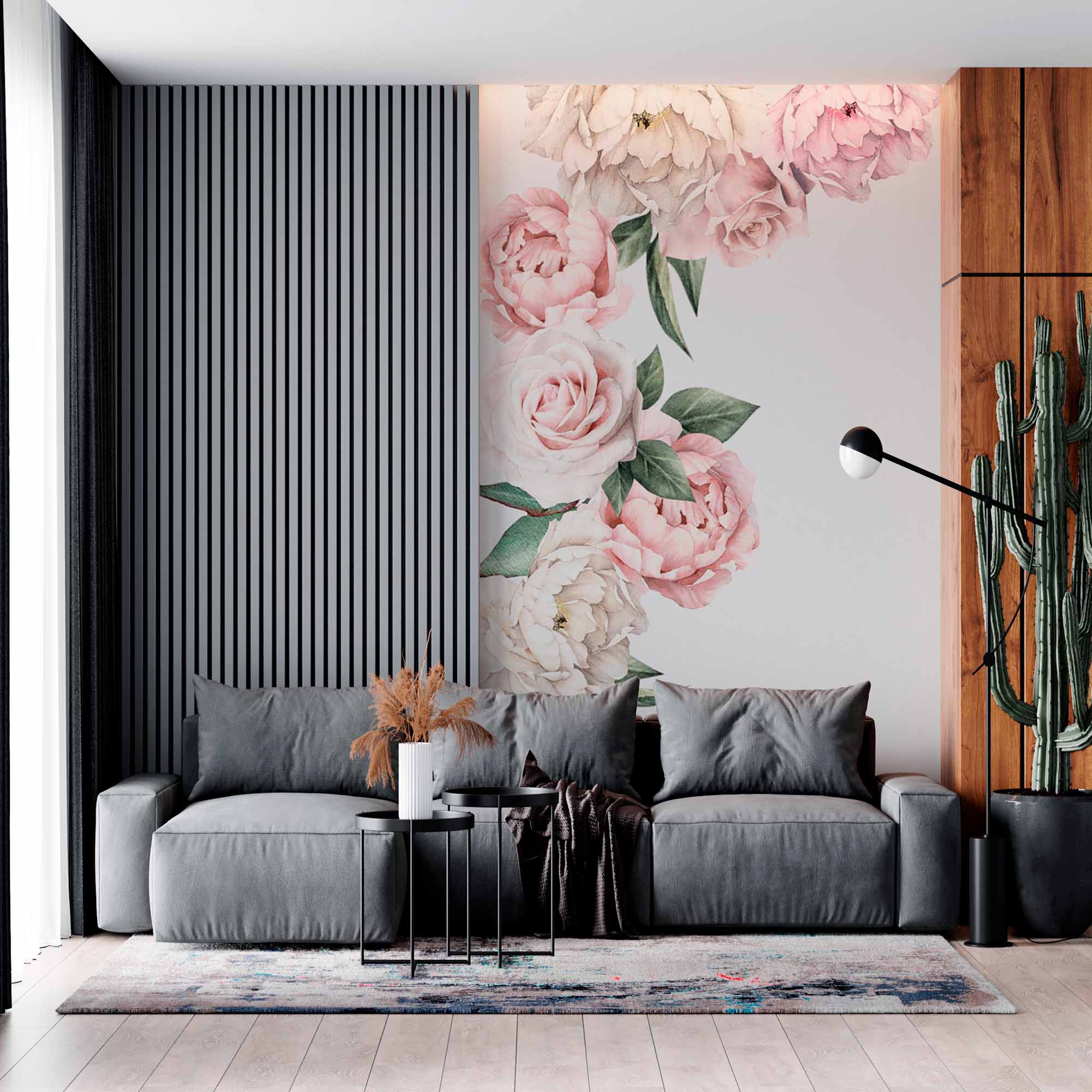 Delicate Pastel Peonies Wall Mural Wallpaper with Minimalist White Background