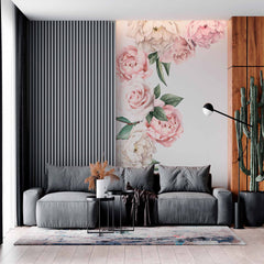 Custom Delicate Pastel Peonies Wall Mural Wallpaper with Minimalist White Background