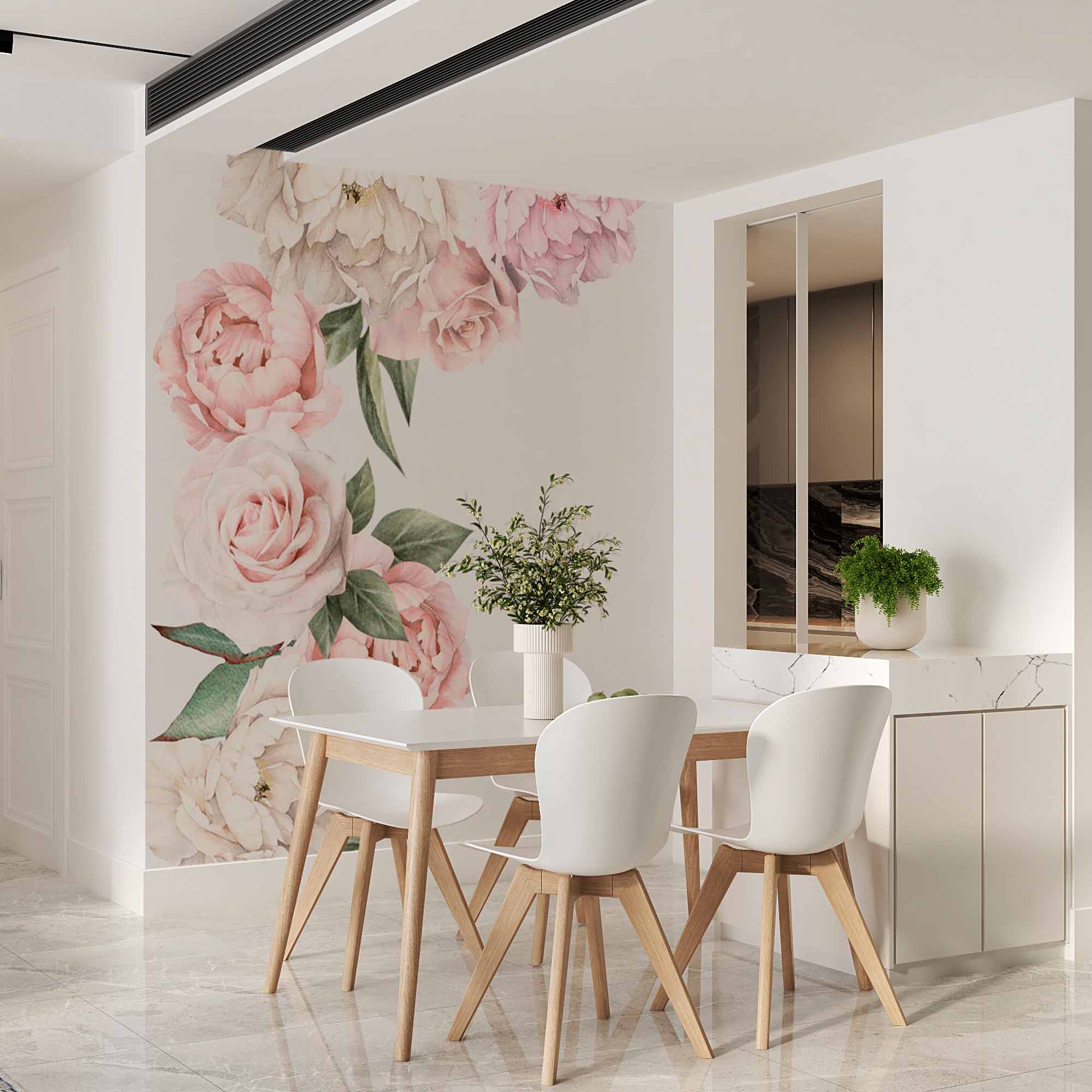 Delicate Pastel Peonies Wall Mural Wallpaper with Minimalist White Background