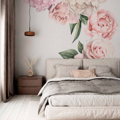Custom Delicate Pastel Peonies Wall Mural Wallpaper with Minimalist White Background