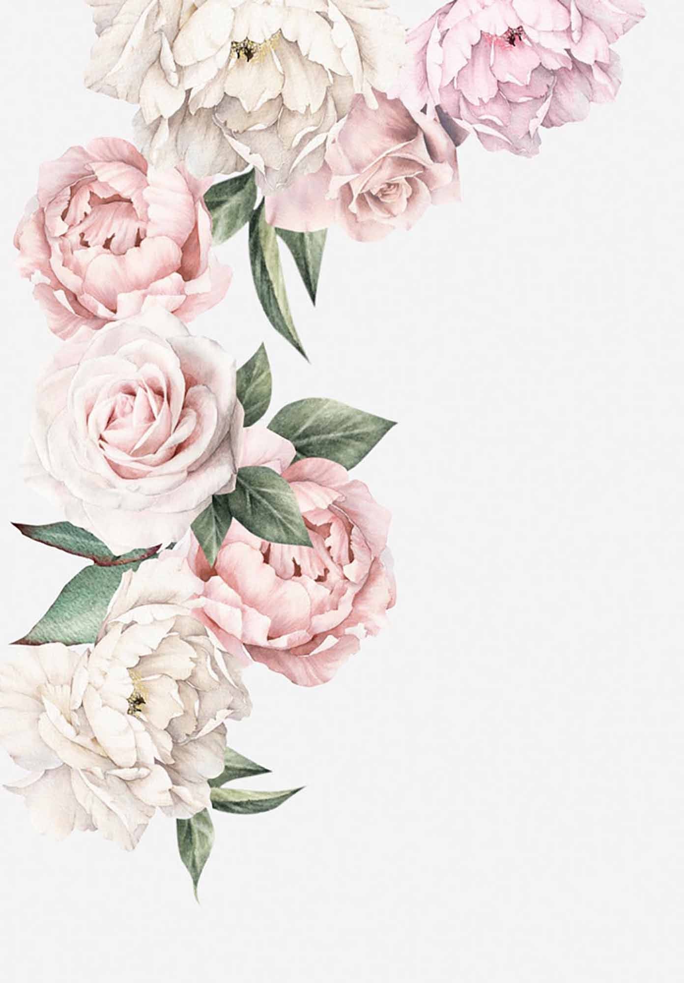 Delicate Pastel Peonies Wall Mural Wallpaper with Minimalist White Background