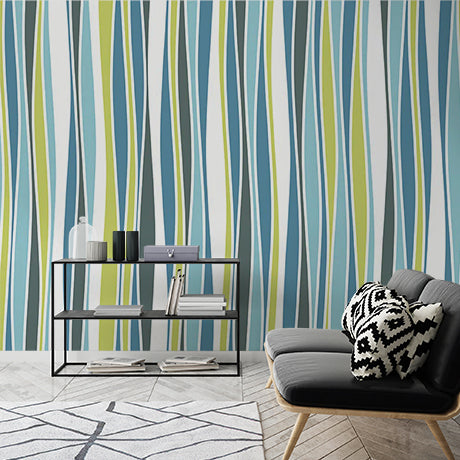 Modern Abstract Wavy Line Pattern Wall Mural Wallpaper - Blue, Green, and White Design