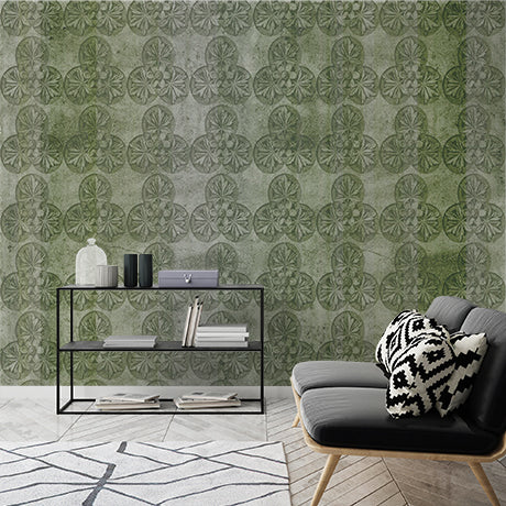 Vintage Green Floral Tile Pattern Wall Mural Wallpaper - Distressed Antique Style