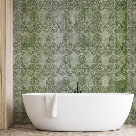 Custom Vintage Green Floral Tile Pattern Wall Mural Wallpaper - Distressed Antique Style