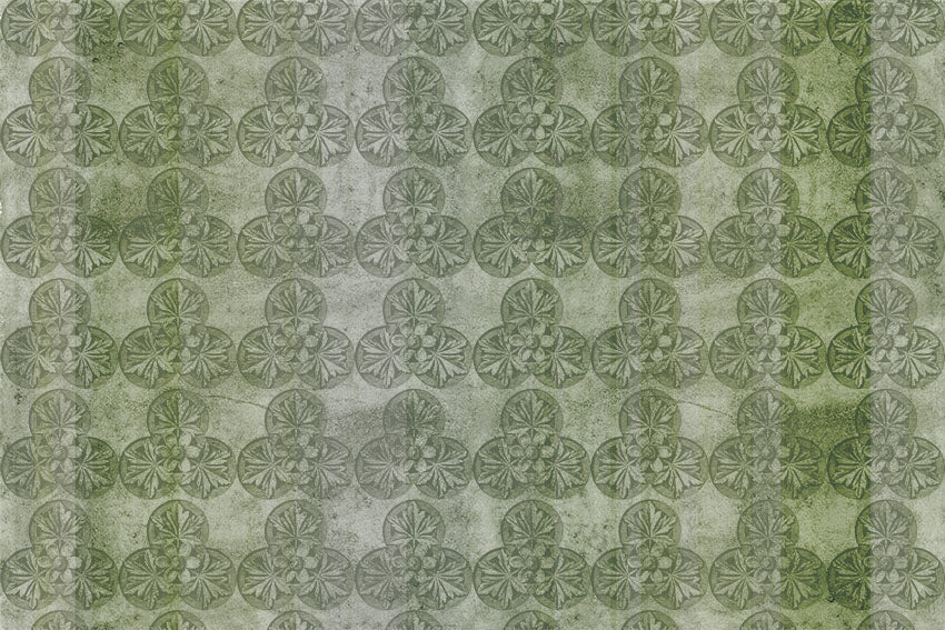 Vintage Green Floral Tile Pattern Wall Mural Wallpaper - Distressed Antique Style