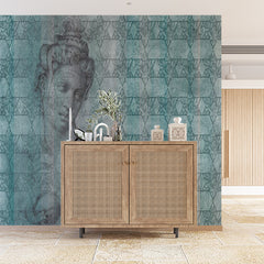 Custom Antique Classical Sculpture and Mosaic Tile Wall Mural Wallpaper - Vintage Green and Blue Design