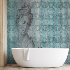 Custom Antique Classical Sculpture and Mosaic Tile Wall Mural Wallpaper - Vintage Green and Blue Design