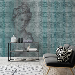 Custom Antique Classical Sculpture and Mosaic Tile Wall Mural Wallpaper - Vintage Green and Blue Design