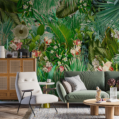 Tropical Paradise Wall Mural Palm Leaf and Floral Print Wallpaper