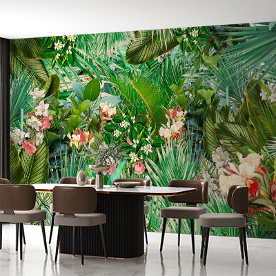 Tropical Paradise Wall Mural Palm Leaf and Floral Print Wallpaper