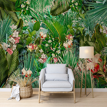 Tropical Paradise Wall Mural Palm Leaf and Floral Print Wallpaper