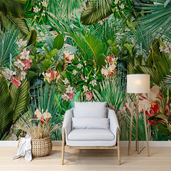 Custom Tropical Paradise Wall Mural Palm Leaf and Floral Print Wallpaper