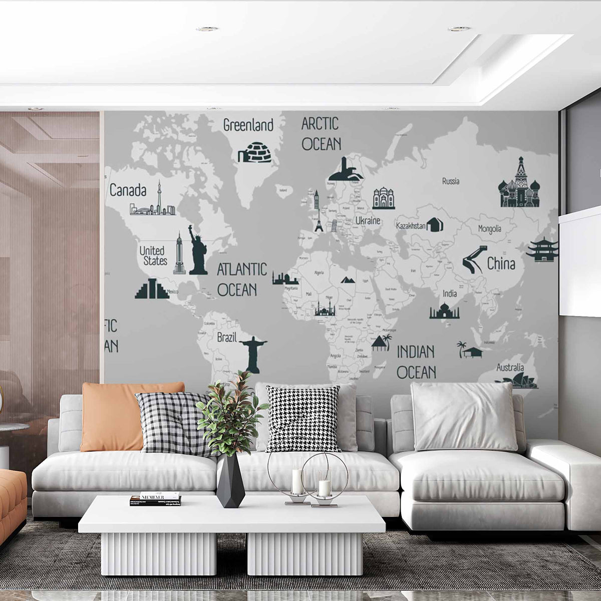 World Map with Iconic Landmarks and Major Oceans on Grey Background