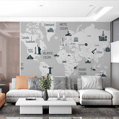 Custom World Map with Iconic Landmarks and Major Oceans on Grey Background