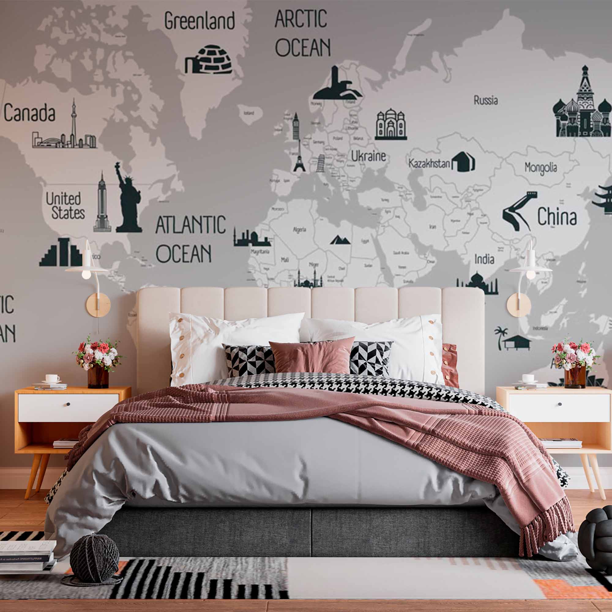 World Map with Iconic Landmarks and Major Oceans on Grey Background