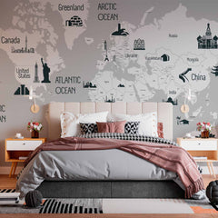 Custom World Map with Iconic Landmarks and Major Oceans on Grey Background