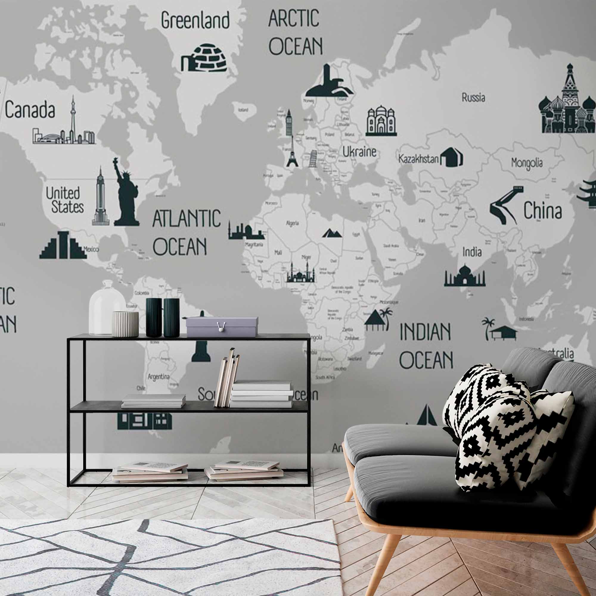 World Map with Iconic Landmarks and Major Oceans on Grey Background