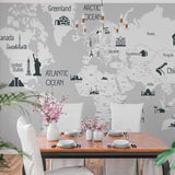 World Map with Iconic Landmarks and Major Oceans on Grey Background