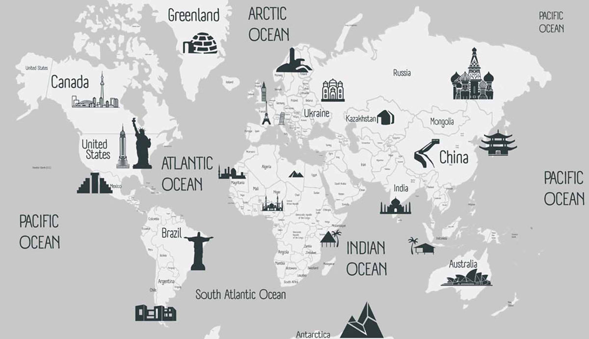 Papier peint carte du monde avec monuments – Papier peint panoramique carte grise et sites célèbres