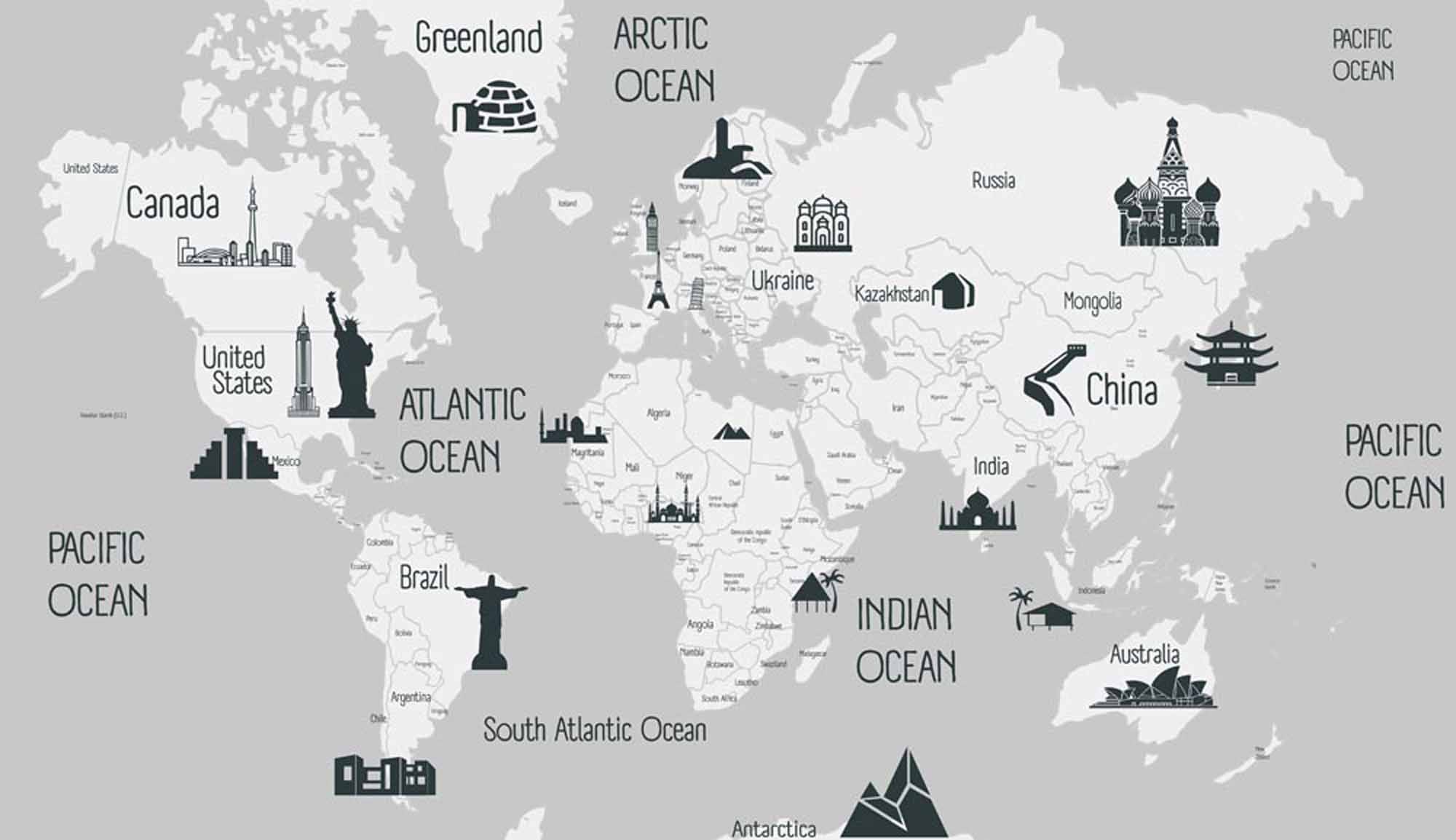 Mapa świata z kultowymi zabytkami i głównymi oceanami na szarym tle