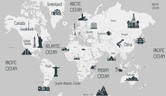 Custom World Map with Iconic Landmarks and Major Oceans on Grey Background