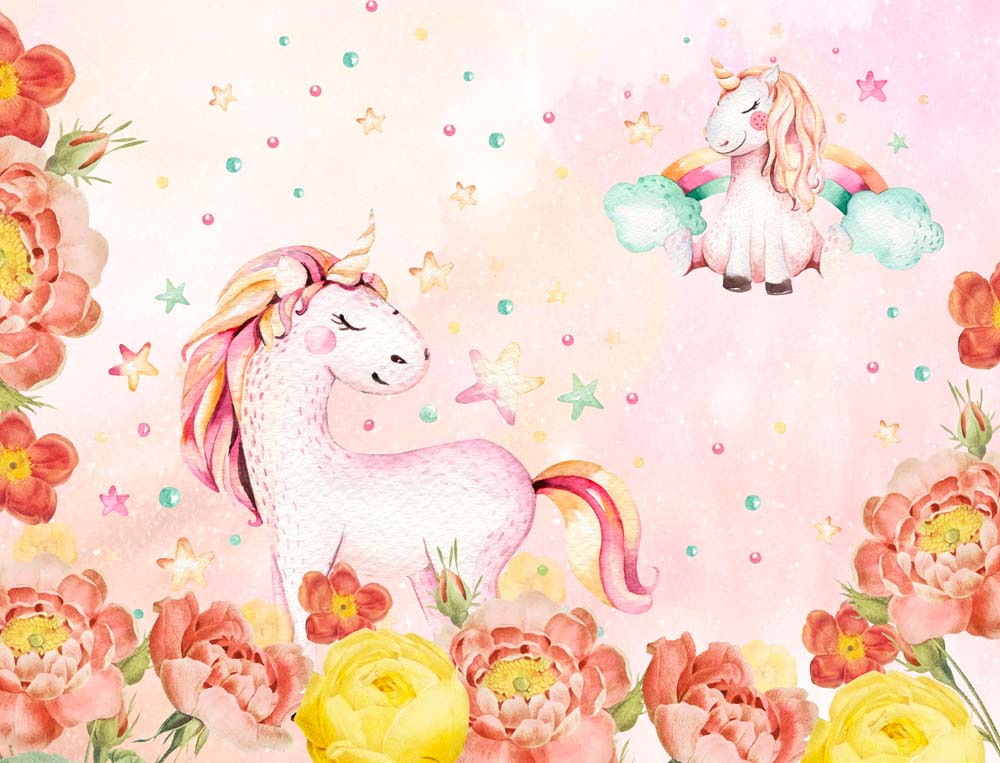 Kids Wall Mural Unicorn with Peony Flowers Watercolour Pink Nursery Wallpaper