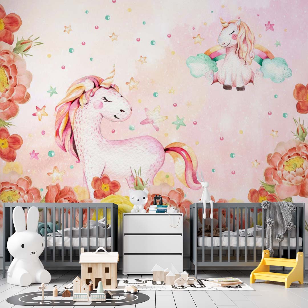 Kids Wall Mural Unicorn with Peony Flowers Watercolour Pink Nursery Wallpaper